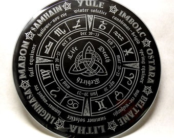 Pagan/Wiccan Calendar, laser-engraved on the back of a 12-inch-diameter round beveled mirror.