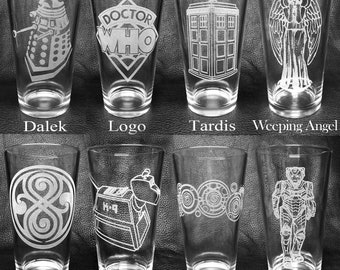 Single "Dr Who" Laser-Engraved Pint Glass, Your Choice of 8 Different Patterns!