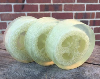 May include: Three round loofah sponges, each with a light green color and a textured, woven pattern. The loofahs are stacked on top of each other.