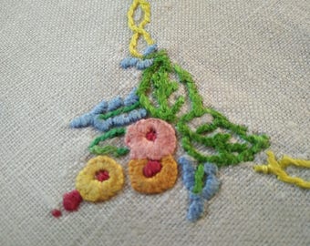 Vintage Hand Embroidered Doily - Coloured Hollyhocks