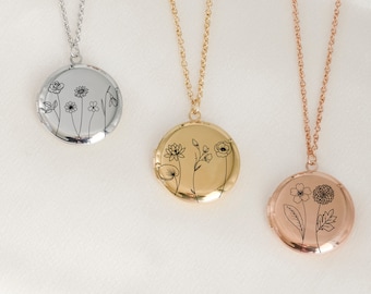Combined Birth Flower Photo Locket Necklace, Unique Round Circle Photo Pendant for Women, Sentimental Keepsake Gift for Mom Grandma