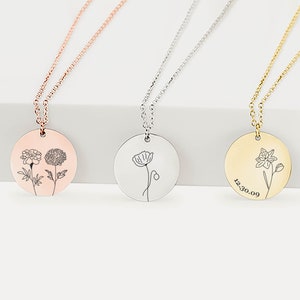Birth Flower Necklace, Flower Necklace, Disc Necklace, Birth Month Necklace, Combined Birth Flower Necklace, Gift for Mom, Mother&#39;s Day Gift