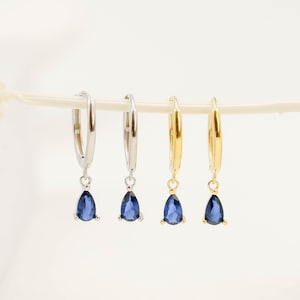 Sapphire Blue Teardrop Huggie Hoop Earrings, Bridal Jewelry, Minimalist Sapphire Earrings, Sterling Silver Earrings