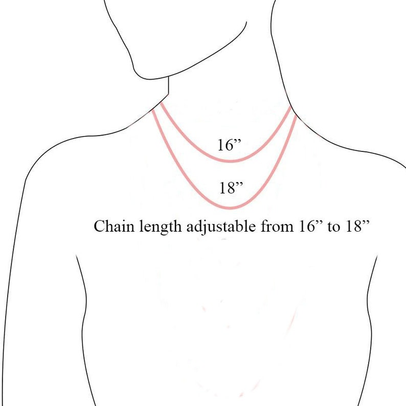 May include: A line drawing of a person's neck and shoulders with two pink lines representing a necklace. The lines are labelled 16" and 18". The text below the lines reads "Chain length adjustable from 16" to 18".