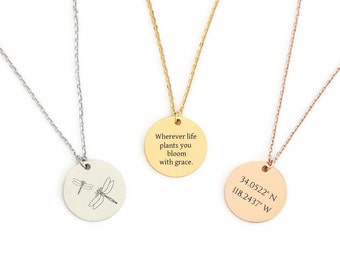 Personalized Disc Necklace, Custom Engraved Disc, Name Necklace, Coordinates Disc Necklace, Quote Necklace, Gift for Her