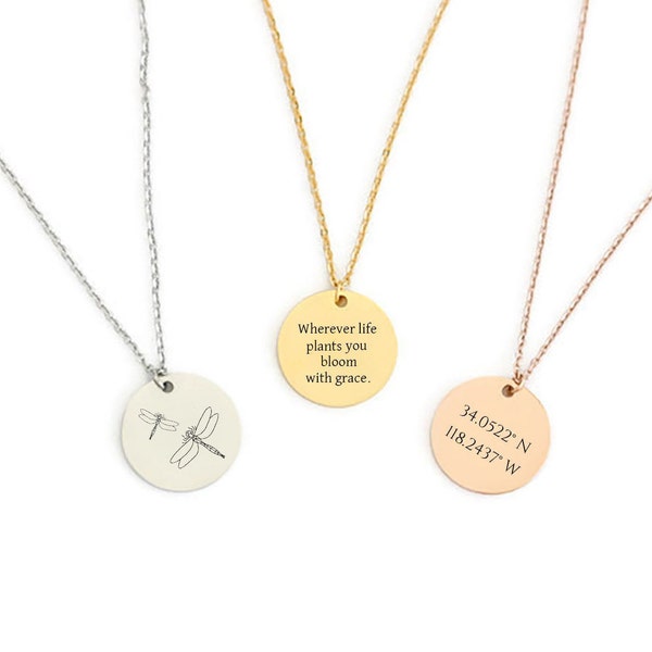 Personalized Disc Necklace, Custom Engraved Disc, Name Necklace, Coordinates Disc Necklace, Quote Necklace, Gift for Her