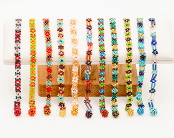 Multi Color Seed Bead Bracelet, Adjustable Seed Bead Bracelet, Mexican Huichol Daisy Flower Bracelet