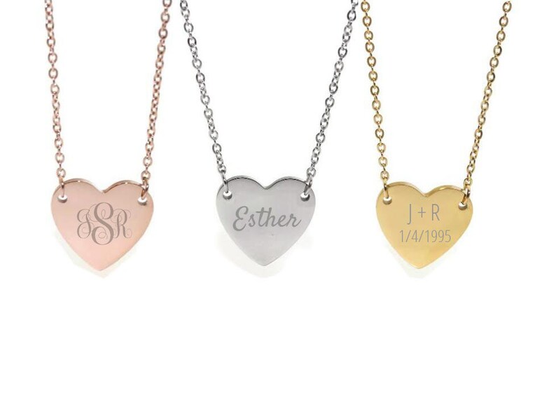 Silver Rose Gold Custom Engraved Stainless Steel Heart Pendant Monogram Name Necklace Gold