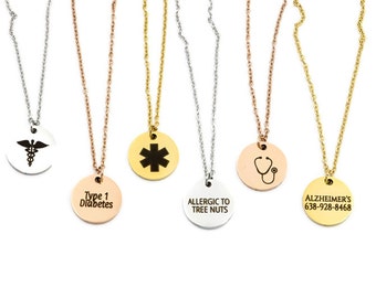Medical ID Necklace, Medical Alert Necklace, Alert Necklace, Disc Necklace, Allergy Necklace, Diabetic Necklace, Epilepsy Necklace