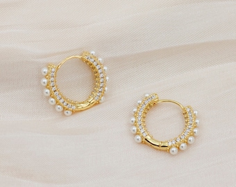 Pearl Huggie Hoops Earrings, Diamond Pearl Hoop Earrings, Sterling Silver Dainty Hoop Earrings, Gold Hoop Earrings, Pave Pearl Hoops