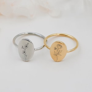 Oval Birth Month Flower Ring, Handcrafted Floral Signet Ring for Mother&#39;s Day Gift, Unique and Dainty Flower Engagement Ring