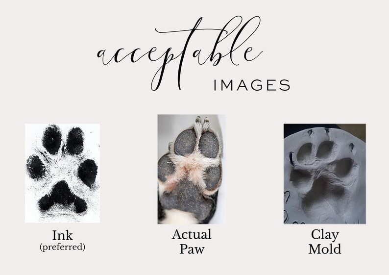May include: Three images showing different ways to capture a pet's paw print for a custom keepsake. The first image shows a black ink paw print on a white background. The second image shows a close-up of a dog's paw. The third image shows a clay paw print mould.