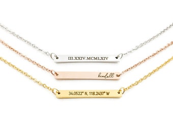 Skinny Bar Necklace, Personalized Name Bar Necklace, Custom Engraved Coordinates Necklace, Quote Necklace, Roman Numerals Necklace