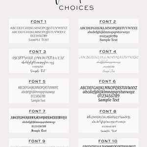 May include: A graphic displaying 10 different font styles with the text "ABCDEFGHIJKLMNOPQRSTUVWXYZ abcdefghijklmnopqrstuvwxyz 0123456789 Sample Text" in each style. The text "font CHOICES" is at the top of the graphic. The text "IF NO FONT IS CHOSEN FONT 2 WILL BE DEFAULT" is at the bottom of the graphic.