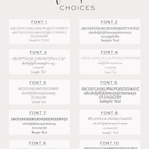 May include: A graphic showing 10 different font styles with the text "ABCDEFGHIJKLMNOPQRSTUVWXYZ abcdefghijklmnopqrstuvwxyz 0123456789 Sample Text" in each style. The text "font CHOICES" is at the top of the graphic. The text "IF NO FONT IS CHOSEN FONT 2 WILL BE DEFAULT" is at the bottom of the graphic.