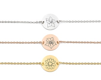 Birth Flower Bracelet, Flower Bracelet, Disc Bracelet, Birth Month Bracelet, Custom Birth Flower Bracelet, Gift for Mom, Mother's Day Gift