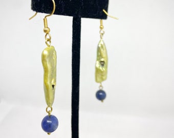 Imperfect Yellow Biwa Pearl Sodalite Earrings