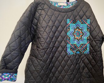 Black Quilted Sweatshirt with Vibrant Purple Teal Geometric Big Pocket