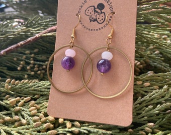 Natural Amethyst  and Rose Quartz Crystal Round Earrings // Stainless Steel French Hooks Loop Ear Wire