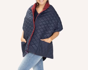 Dark Navy Red Floral Quilted Shawl Wrap with Pockets