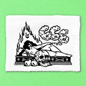 WOMAN ON COFFIN, hand printed linocut/block print on paper