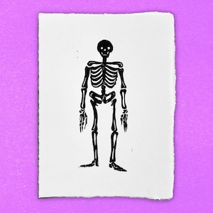 SKELETON LINOCUT PRINT, hand printed linocut/block print on paper