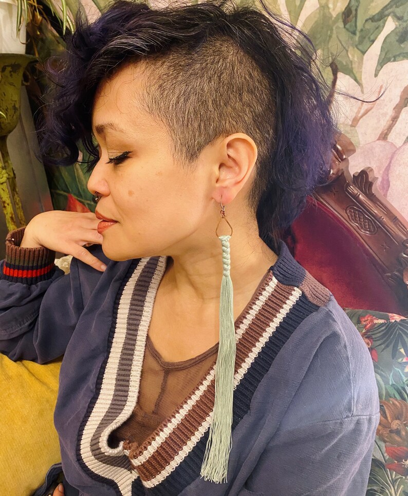 BAKUNAWA Pine \u1736 muted pine green long tassel earrings