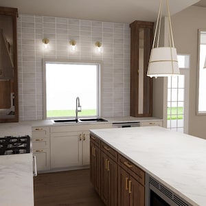 May include: A contemporary kitchen with white worktops, dark wood cabinets, and a stainless steel oven. The kitchen features a gas hob, a large window, and pendant lights. The walls are tiled in a light grey colour.