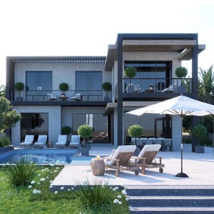 Puede incluir: Una casa moderna de dos pisos con piscina y zona de estar al aire libre. La casa tiene grandes ventanales, un balcón y una sombrilla blanca. La piscina está rodeada de tumbonas y vegetación. El diseño es contemporáneo y lujoso.