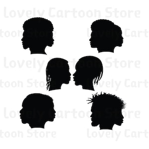 May include: Five black and white silhouette illustrations of people's faces. The faces are all in profile, with their hair styled in different ways. The illustrations are simple and elegant, and they would be perfect for use in a variety of projects.