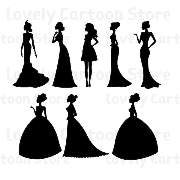 Robes de soirée pour femmes Black Shapes Silhouette Svg, Eps, Dxf et Png formats - 8 Cliparts - Téléchargement numérique