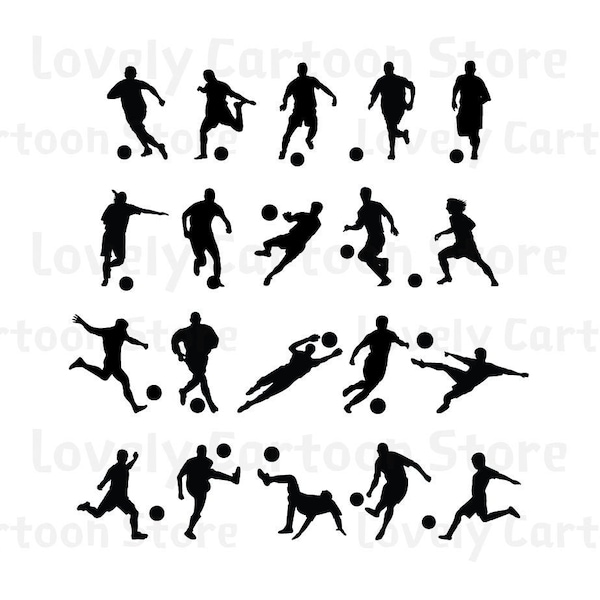 Soccer Players / Footballers Black Shapes Silhouette Svg, Eps, Dxf and Png formats - 20 Cliparts - Digital Download