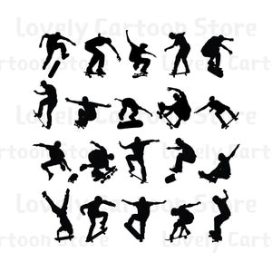 Skateboarding Black Shapes Silhouette Svg, Eps, Dxf und Png - 20 Cliparts - Digitaler Download