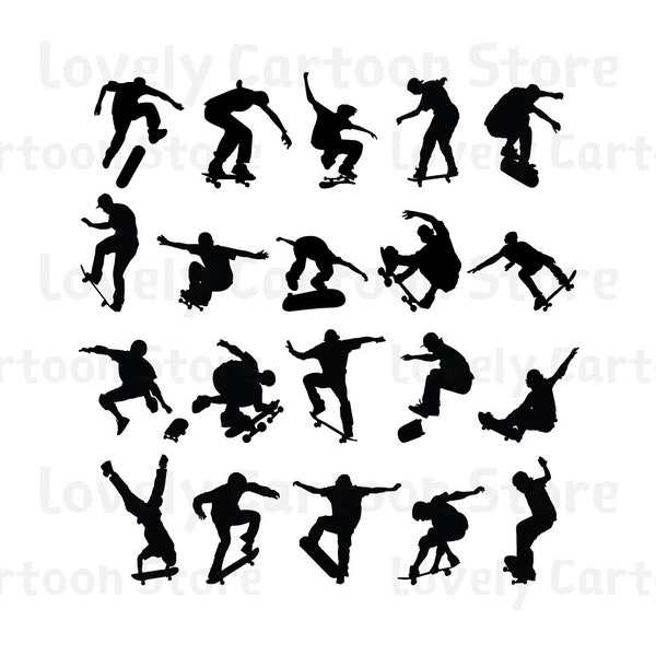 Skateboarding Black Shapes Silhouette formati Svg, Eps, Dxf e Png - 20 Cliparts - Digital Download