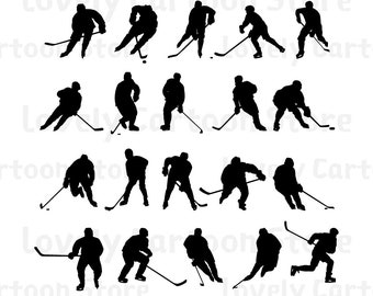 Hockey Players Black Shapes Silhouette Svg, Eps, Dxf and Png formats - 20 Cliparts - Digital Download