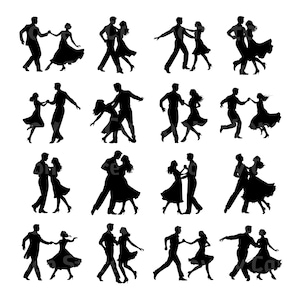 May include: A collection of sixteen black silhouette illustrations of couples dancing. The dancers are in various poses, with the men in suits and the women in flowing dresses. The image is on a white background.