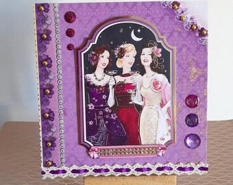 Carte postale femmes, carte postale Art Déco, carte postale années folles, carte postale anniversaire, carte fait main, carte postale 3D.