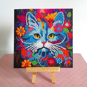 Carte postale chat bleu, carte postale diamant, carte postale enfant, carte postale strass, diamond painting, carte postale anniversaire.