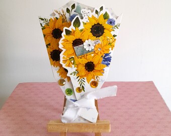 Flower postcard, sunflower postcard, woman's birthday postcard, cornflower postcard, flower bouquet card, handmade.