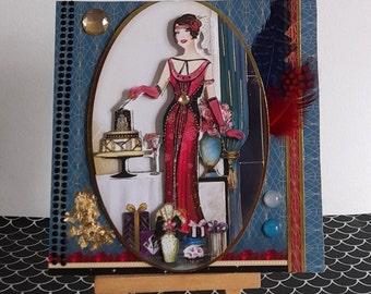 Carte postale Art Déco, carte postale cadeaux, carte anniversaire femme, carte postale 3D, femme Art Déco, carte postale fait main Art Déco.