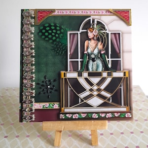Carte postale Art Déco, carte anniversaire femme, carte postale plumes, carte postale 3D, plumes, femme Art Déco, carte postale fait main.