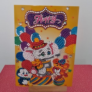 Postal infantil, tarjeta de elefante, tarjeta de animales, tarjeta de cumpleaños infantil, circo, globos, tarjeta con bordado de diamantes, pintura de diamantes.