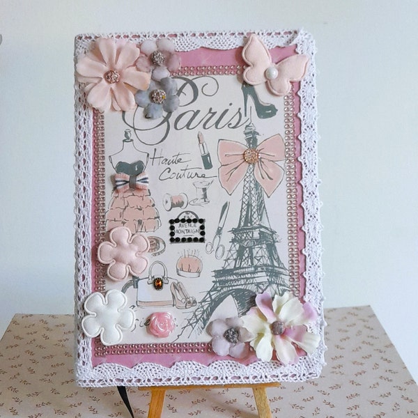 Shabby chic notebook, Eiffel Tower notebook, Paris, Mother's Day gift, handmade notebook, lace notebook, notebook, women's birthday gift.