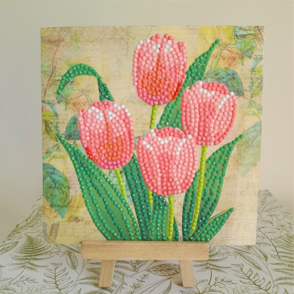 Carte postale bouquet de tulipes roses, carte postale fleurs, carte broderie diamant, carte postale, diamond painting, carte anniversaire.