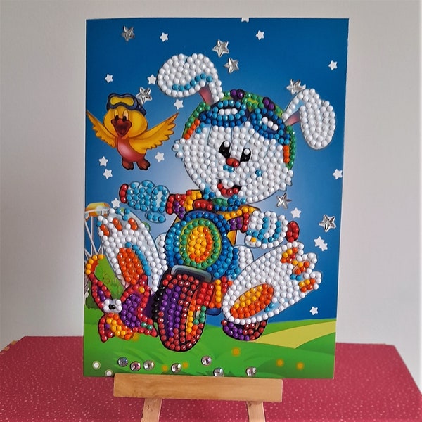 Carte postale moto, carte postale lapin, carte anniversaire enfant, carte broderie diamant, diamond painting, strass en résine, carte moto.