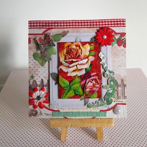 Rozen ansichtkaart, bloemen ansichtkaart, gele rozen ansichtkaart, verjaardagskaart voor vrouwen, 3D ansichtkaart, handgemaakte ansichtkaart.