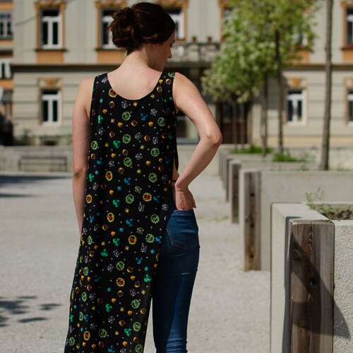 Unique handmade long black tunic with pattern (long/wide/black dress shirt/everyday shops use/on one side open tunic/special top)