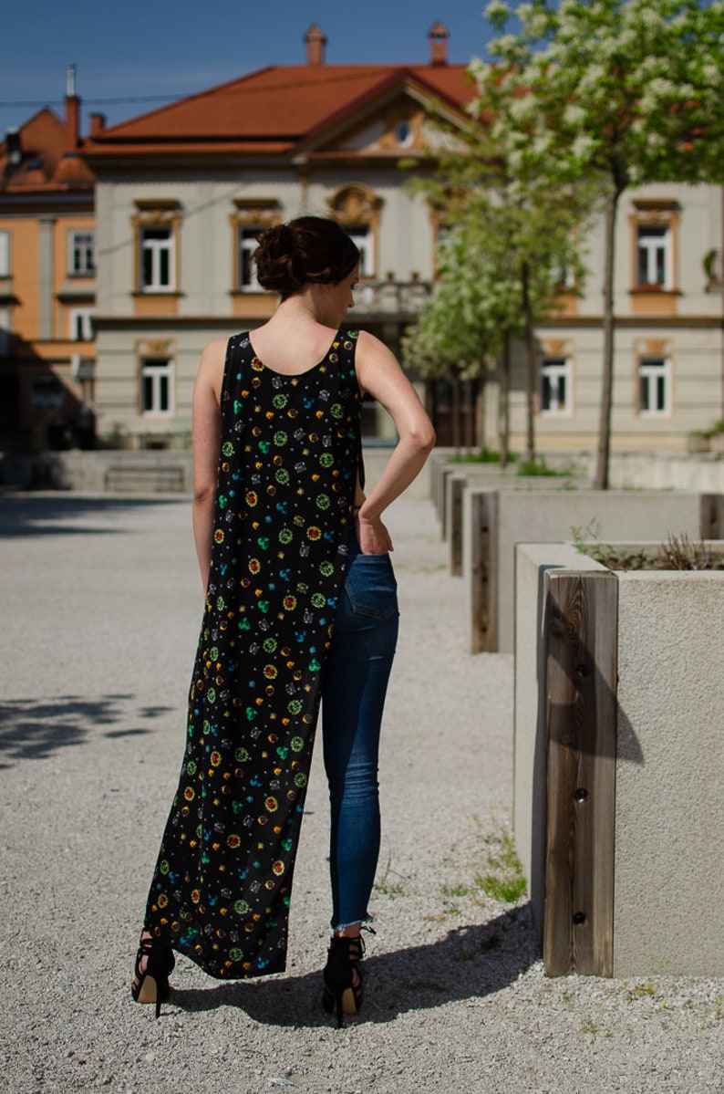 Unique handmade long black tunic with pattern (long/wide/black dress shirt/everyday shops use/on one side open tunic/special top)