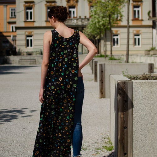 Unique handmade long black tunic with pattern (long/wide/black dress shirt/everyday shops use/on one side open tunic/special top)