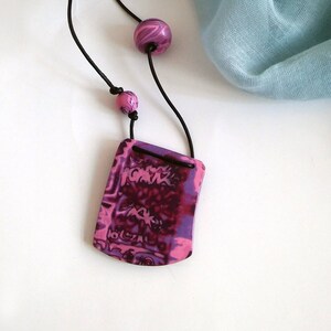 Polymer Clay Pendant Necklace Pink Purple Black Casual Necklace Handmade Gift for Her Leather Cord Polymer Clay Necklace